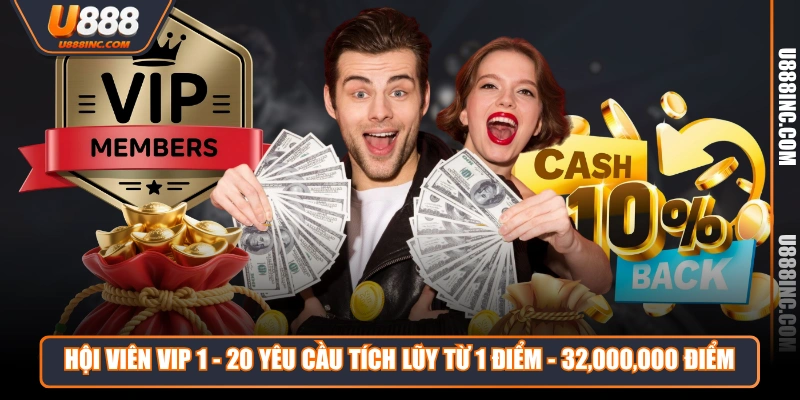 Hội viên VIP 1 - 20 yêu cầu tích lũy từ 1 điểm - 32,000,000 điểm